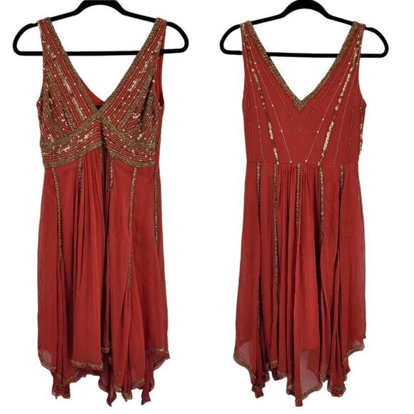90's Adrianna‎ Papell Silk Bollywood Beaded SharkBite Hem Mini Dress Coral Sz 4 - Picture 1 of 12